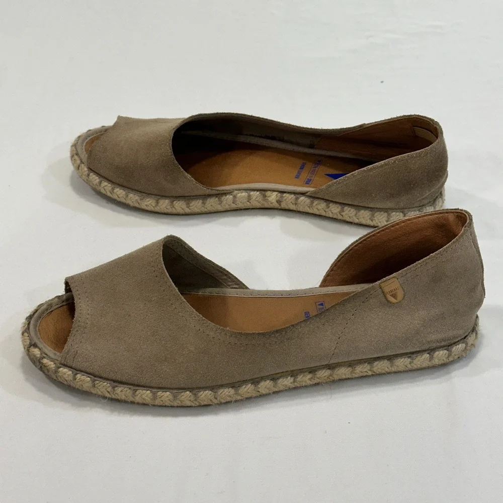 Verbenas Cruz Espadrille Flats Women Size 40 Taupe Suede Peep Toe | Coastal Boho